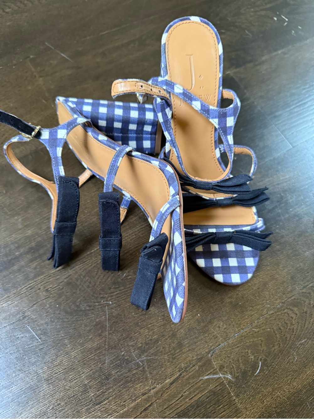 J. Crew Blue Gingham Strappy Sandal with Dark Blue Bow Accents
